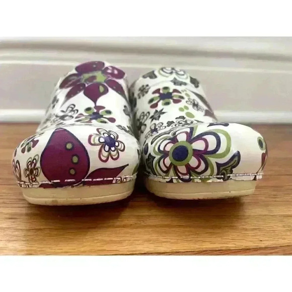 Sanita Clogs Sz 39 Open Back Mules Purple Floral Print Danish Funky Comfort Cute - Picture 5 of 12
